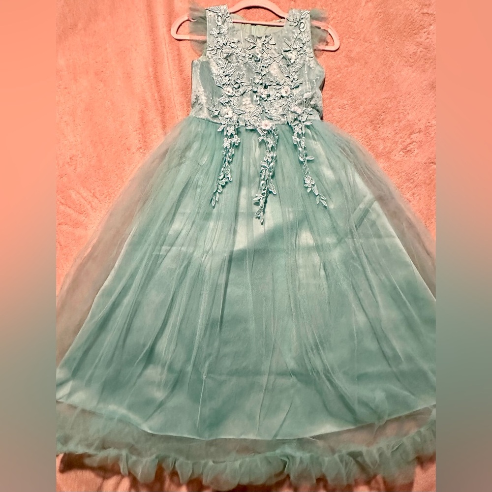 Floor length sea-foam green tulle & appliqué dress, girls size 7-8